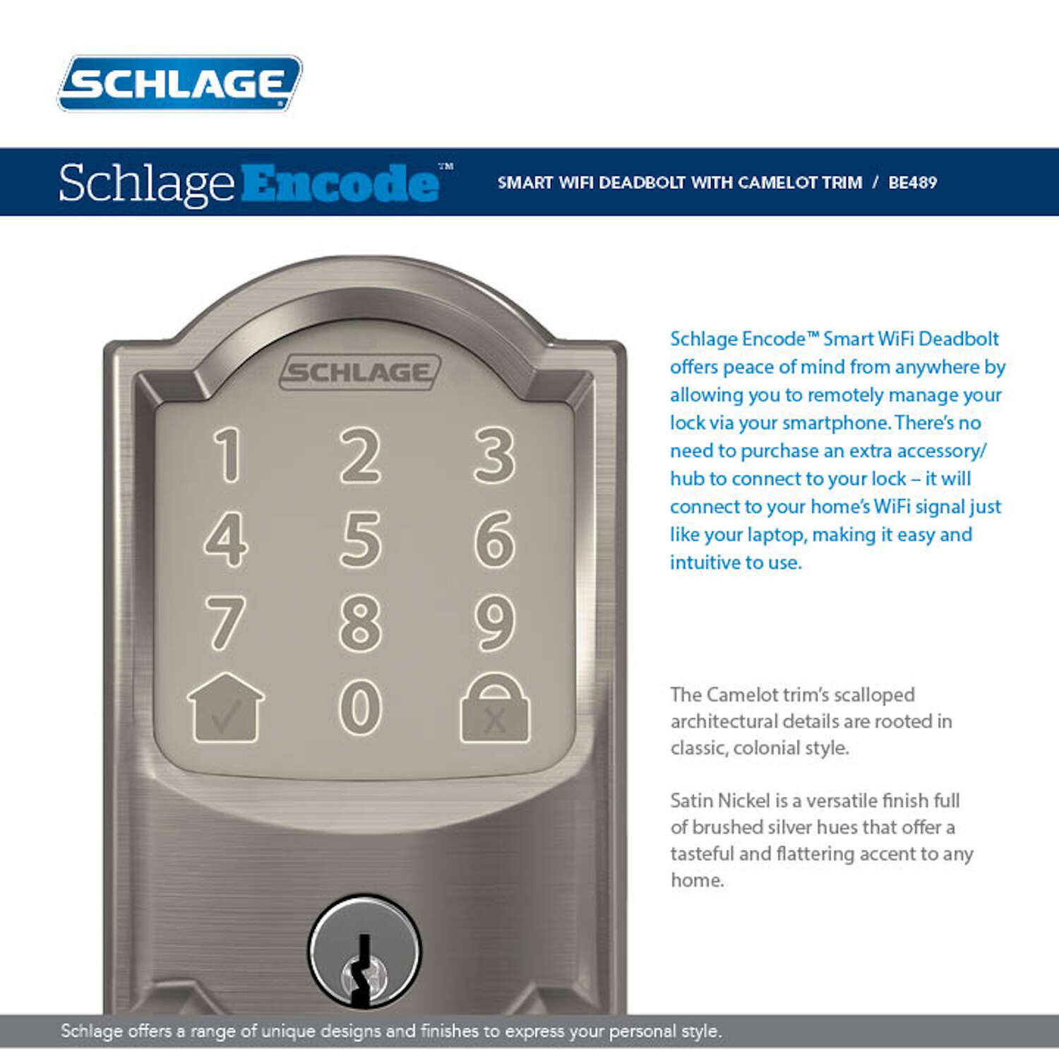 Schlage Encode Satin Nickel Metal Wifi Deadbolt