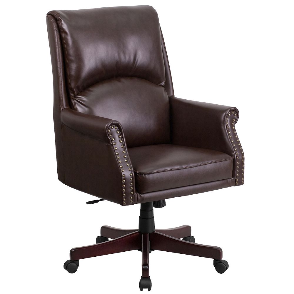 Merrick Lane Tiber Ergonomic Executive Office Chair with High Pillowed Back and Rolled Arms In Brown Faux Leather with Mahogany Finish Base