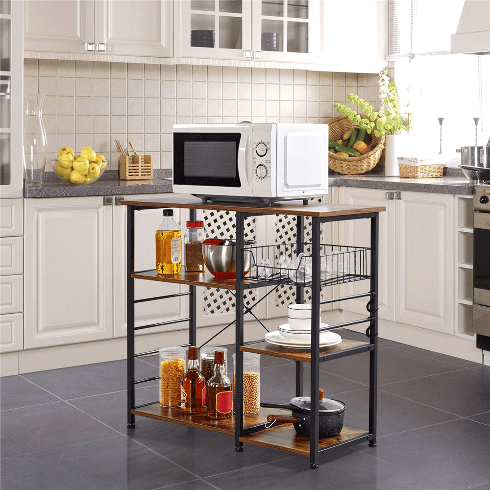 Topeakmart Vintage Metal Frame Kitchen Island Baker's Rack with Basket/Hooks Rustic Brown