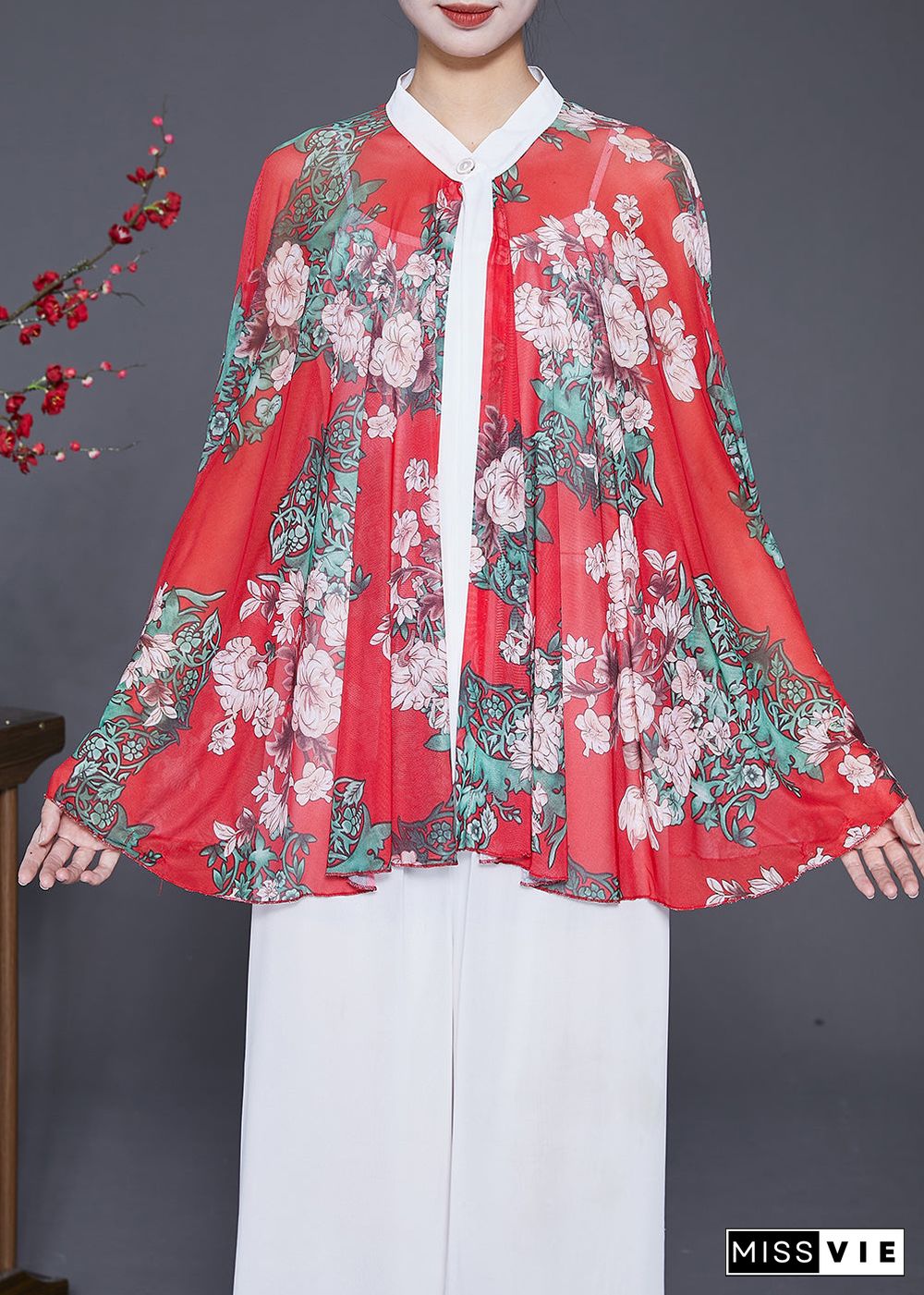 Art Red Oversized Print Chiffon Shirt Batwing Sleeve