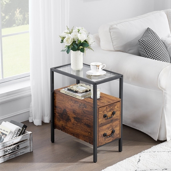 VECELO 2-Drawer Modern Narrow End Table with Glass Top