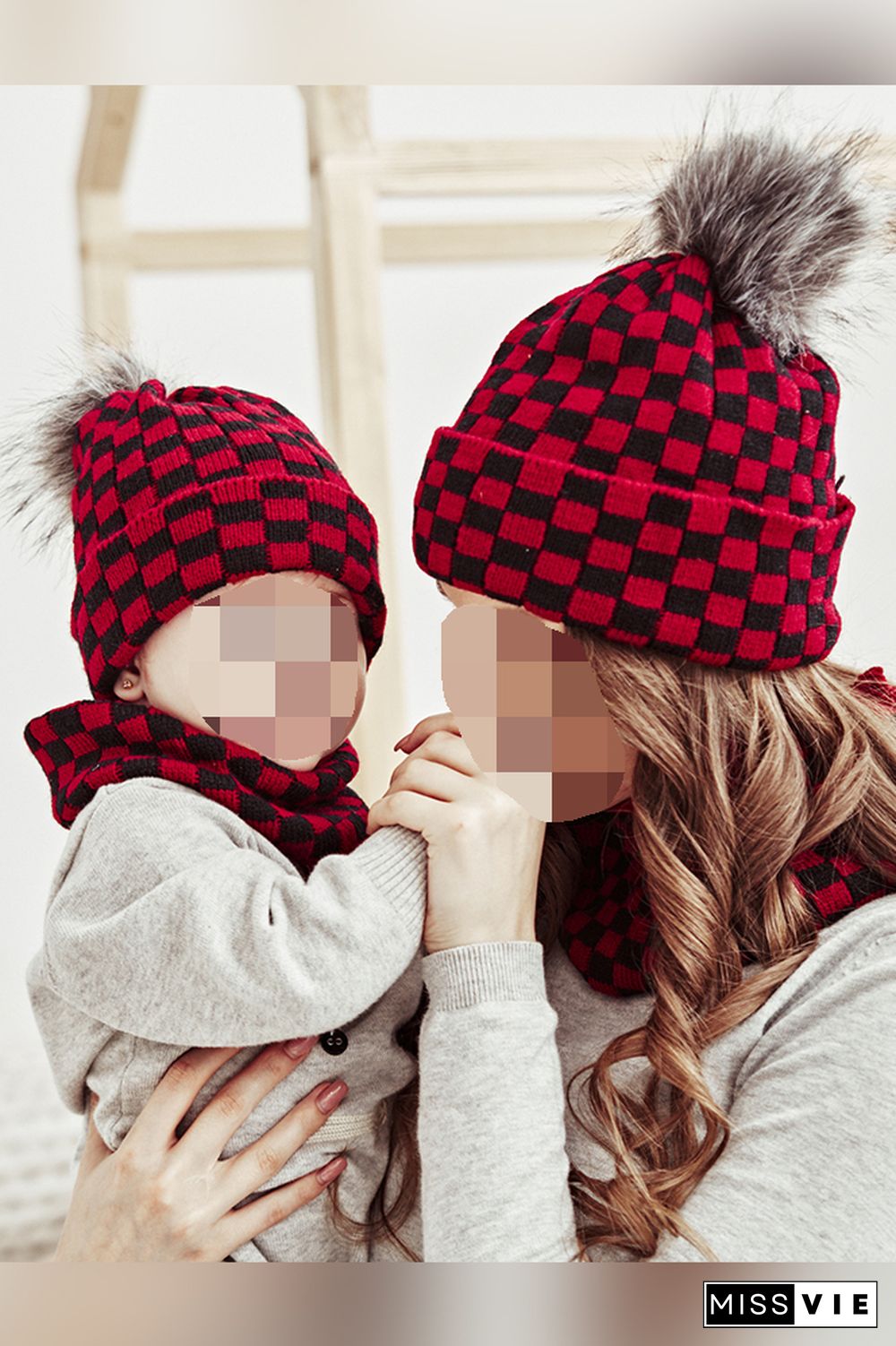 Black White Red Plaid Parent-child Knitted Hat & Scarf 4pcs Set Wholesale MOQ3pcs