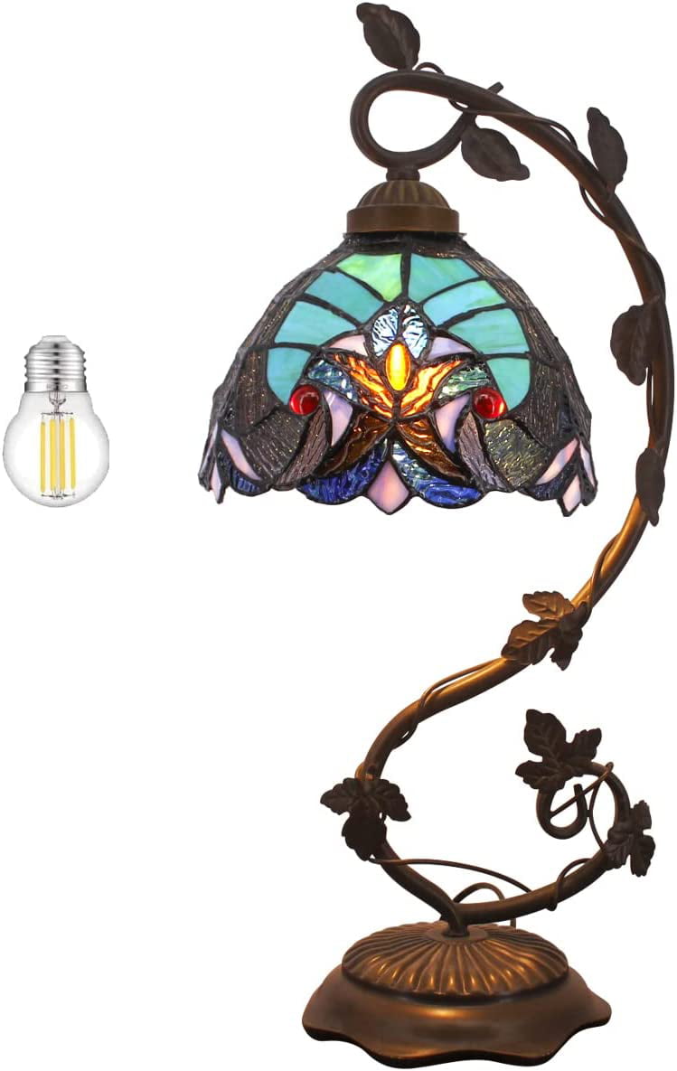 SHADY Stained Glass Lamp  Style Bedside Table Lamp Reading Desk Light  Metal Leaf Base 8X10X21 Inches Decor Small Space Bedroom Home Office S160G Series