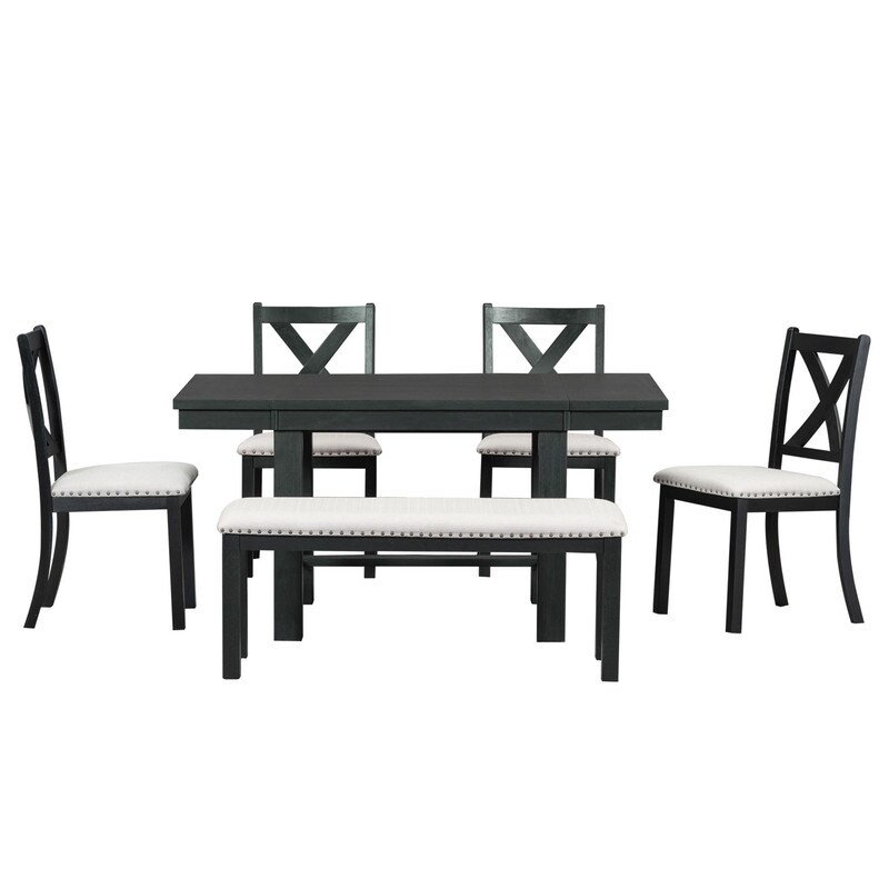 Farmhouse 6 Piece Extendable Dining Table with Footrest  4 Upholstered Dining Chairs and Dining Bench  Two 11\