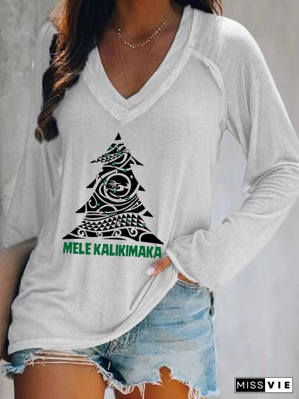 Women's Casual Mele Kalikimaka Print Long Sleeve T-Shirt