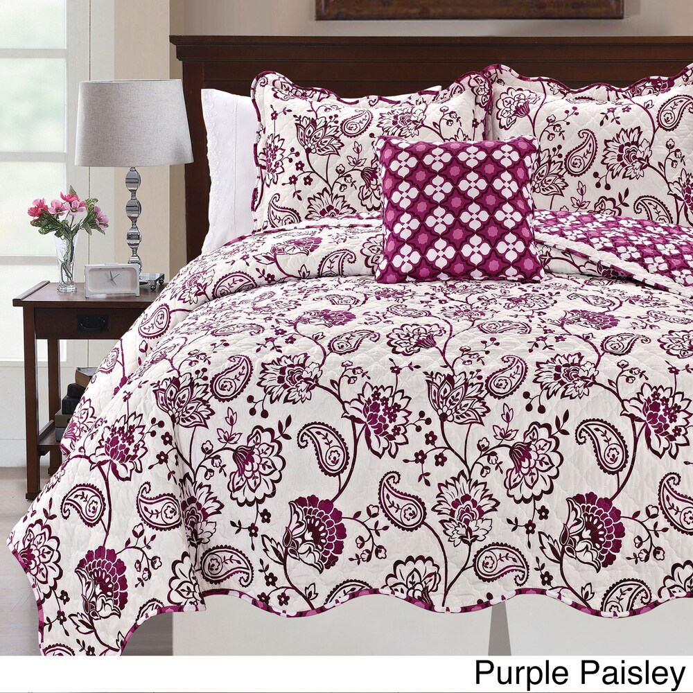 Printed Paisley Flower 4 piece Reversible Quilted Coverlet Set