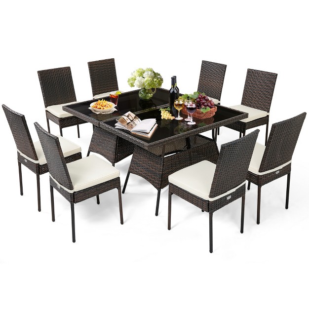 Costway 10 Pcs Patio Rattan Dining Set Glass Table High Back Chair Garden Deck Mix Brown