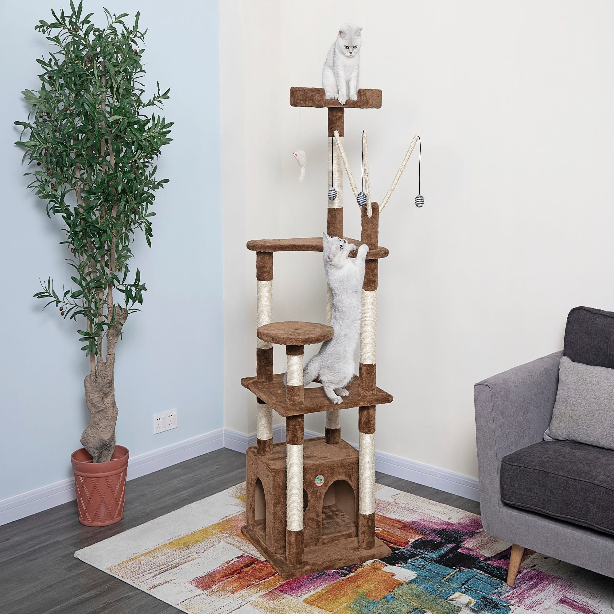 GO PET CLUB Brown 65.5 Cat Tree Condo with Dangling Toys