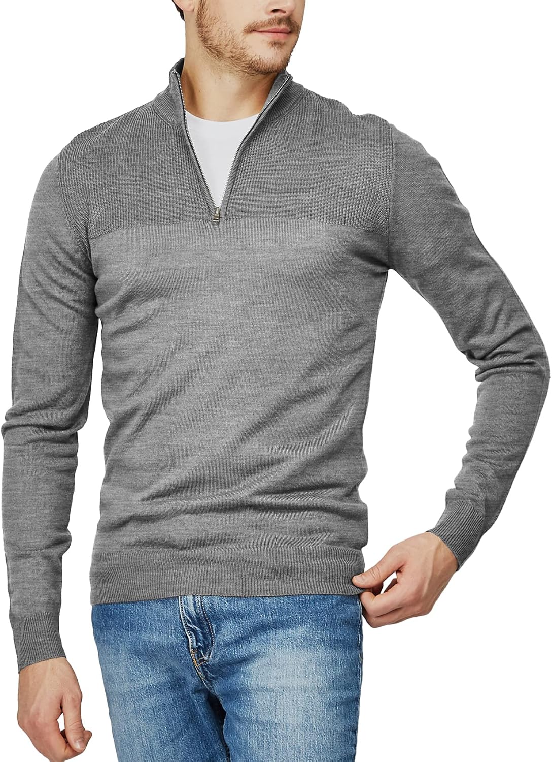 H2H Mens Casual Slim Fit Pullover Sweaters Long Sleeve Knitted Fabric Zip Up Mock Neck Polo Sweater