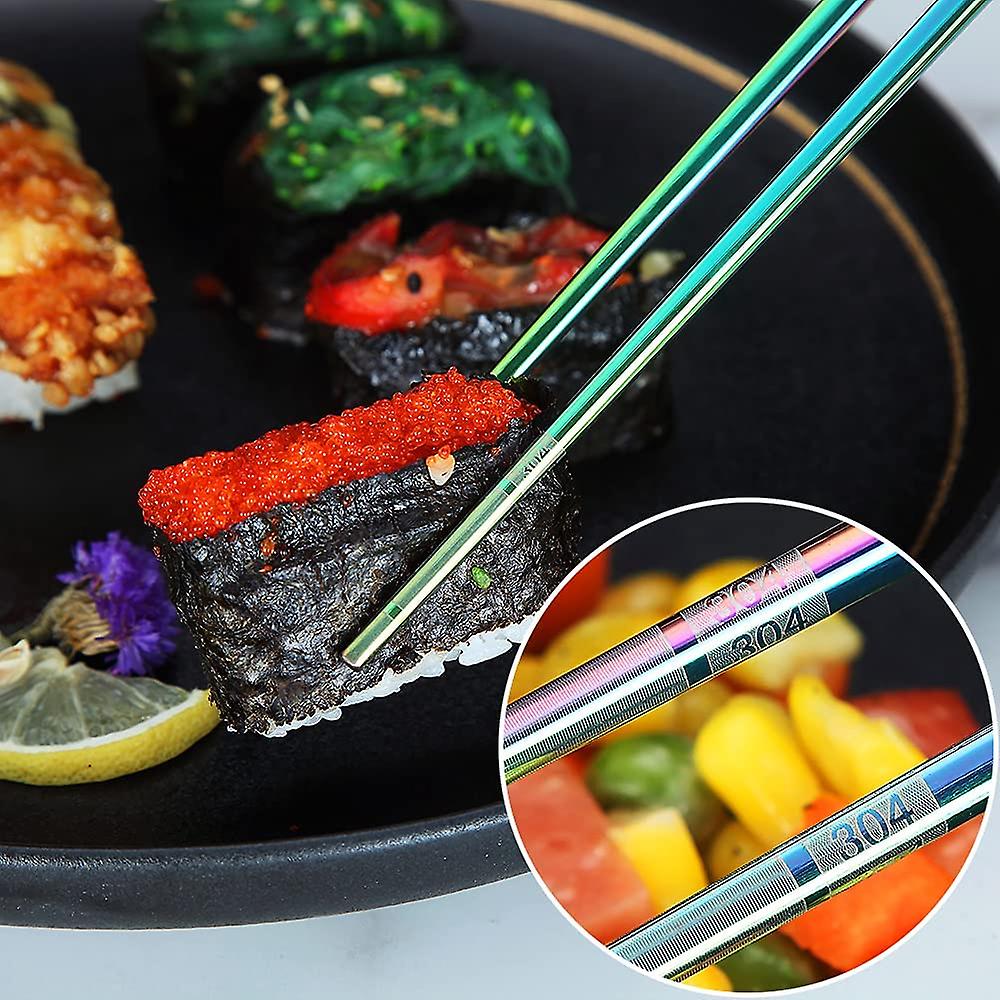 Rainbow Metal Chopsticks， 5 Pairs 9 Inches Premium 304 Stainless Steel Metal Chopsticks Reusable Dishwasher Safe Colorful， Titanium Plated Chopsticks