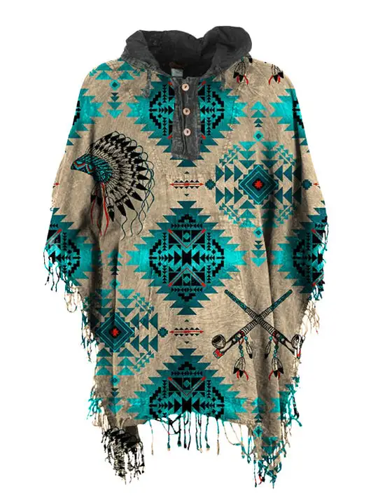 Nostalgic Tassel Ethnic Blue Printed Hooded Cloak