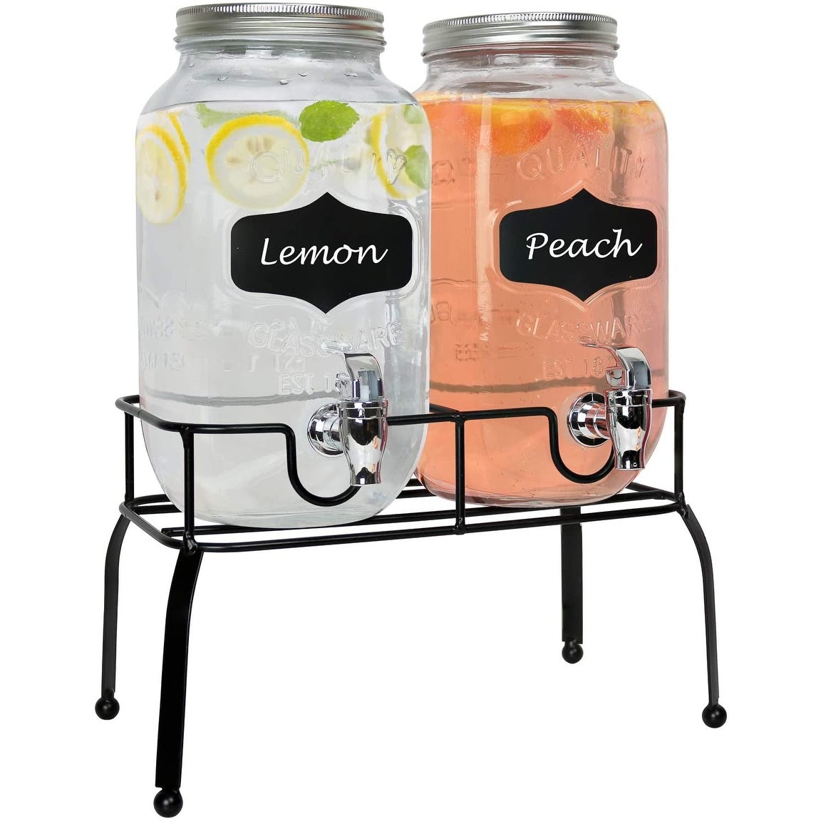 1 Gallon Double Glass Mason Jar Dispenser on Metal Stand with Spigot and Embossed Chalkboard and Chalk