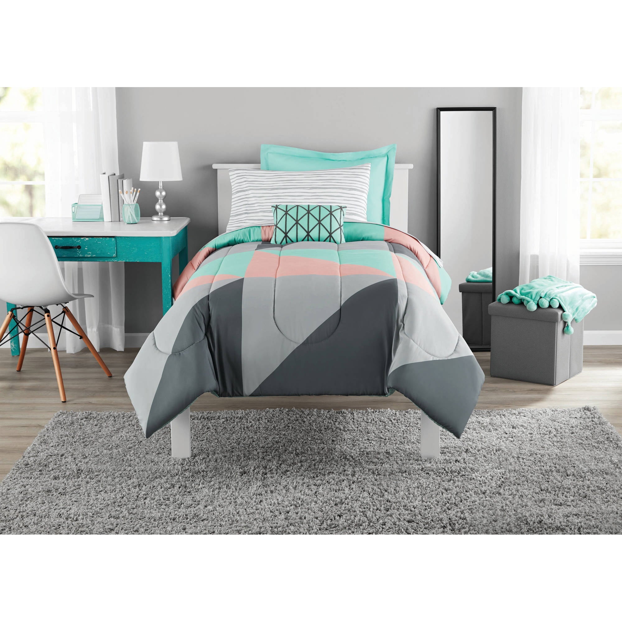 Mainstays Gray and Teal Geometric 6 Piece Bed in a Bag With Sheets， Twin/Twin XL