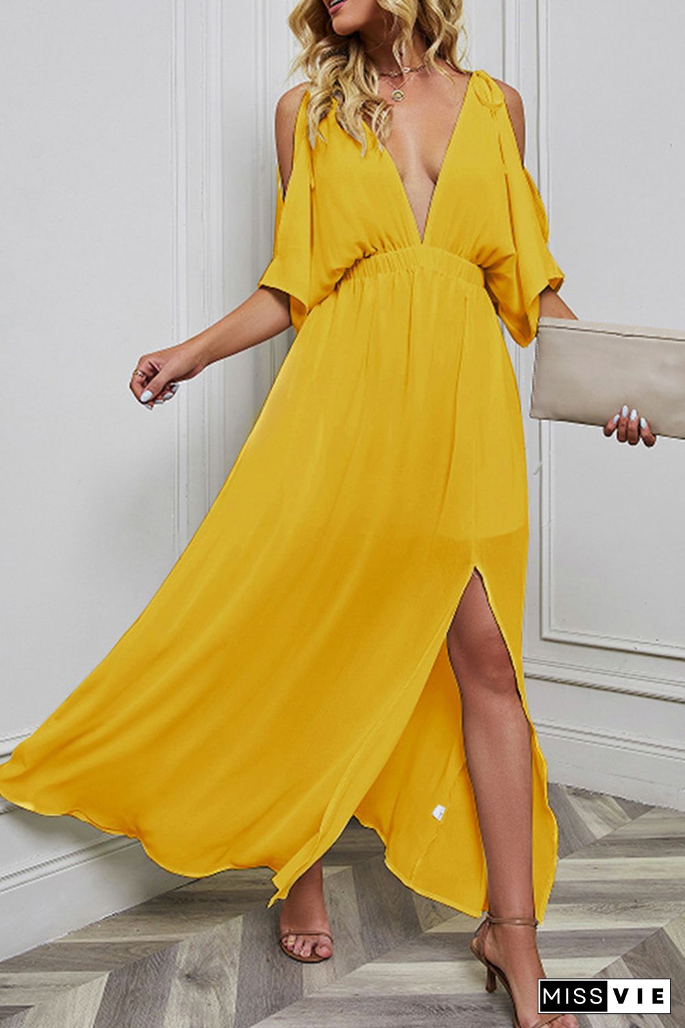 Cold Shoulder Deep V Neck Split Maxi Dress