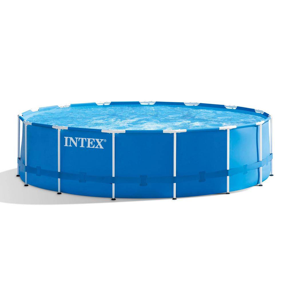 INTEX 15 ft. x 48 in. Round Metal Frame Above Ground Swimming Pool Set and 15 ft. Pool Cover 28241EH + 28032E