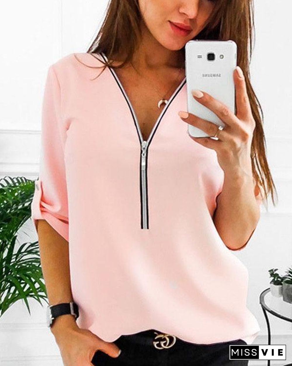 Fashion Sexy V-neck Zipper Long Sleeve Solid Color Plus Size Chiffon Shirt