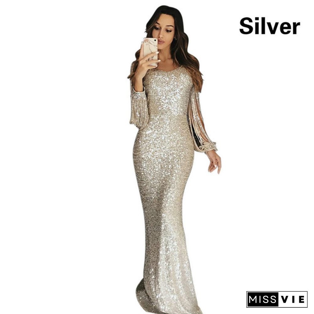 Luxurious Round Neck Bling Prom Dress Long Sleeve Tassel Charming Sequins Mermaid Evening Dress Party Dress Stage Performance Clothing