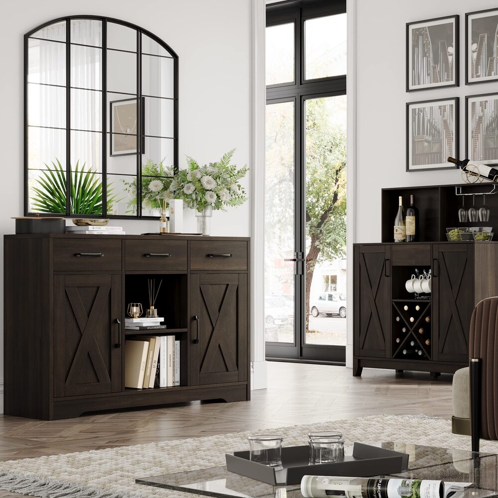 Modern Farmhouse Buffet Storage Cabinet  Barn Doors Wood Sideboard with Drawers and Shelves For Coffee Bar  Kitchen  Dining Room