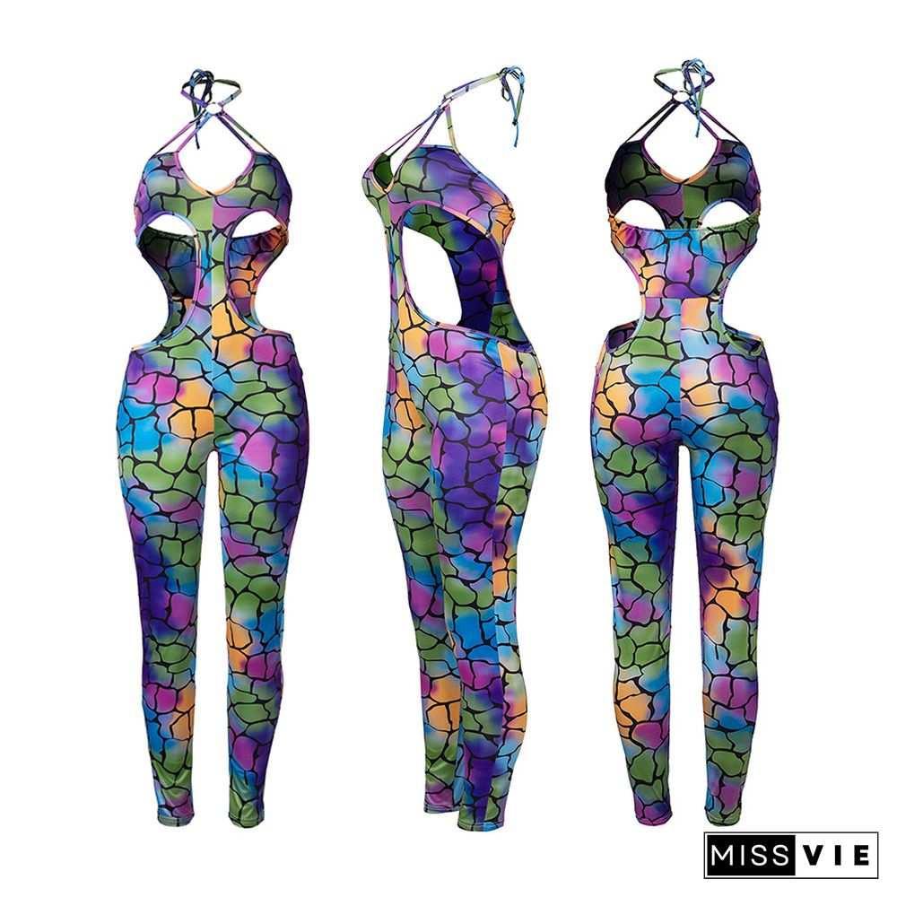 Sexy Fashion Women Digital Print Sleeveless Halter Hollow Out Bodycon Party Club Streetwear Jumpsuits