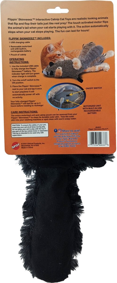 Ethical Pet Flippin' Skinneeez Skunk Exercise Cat Toy with Catnip， Assorted