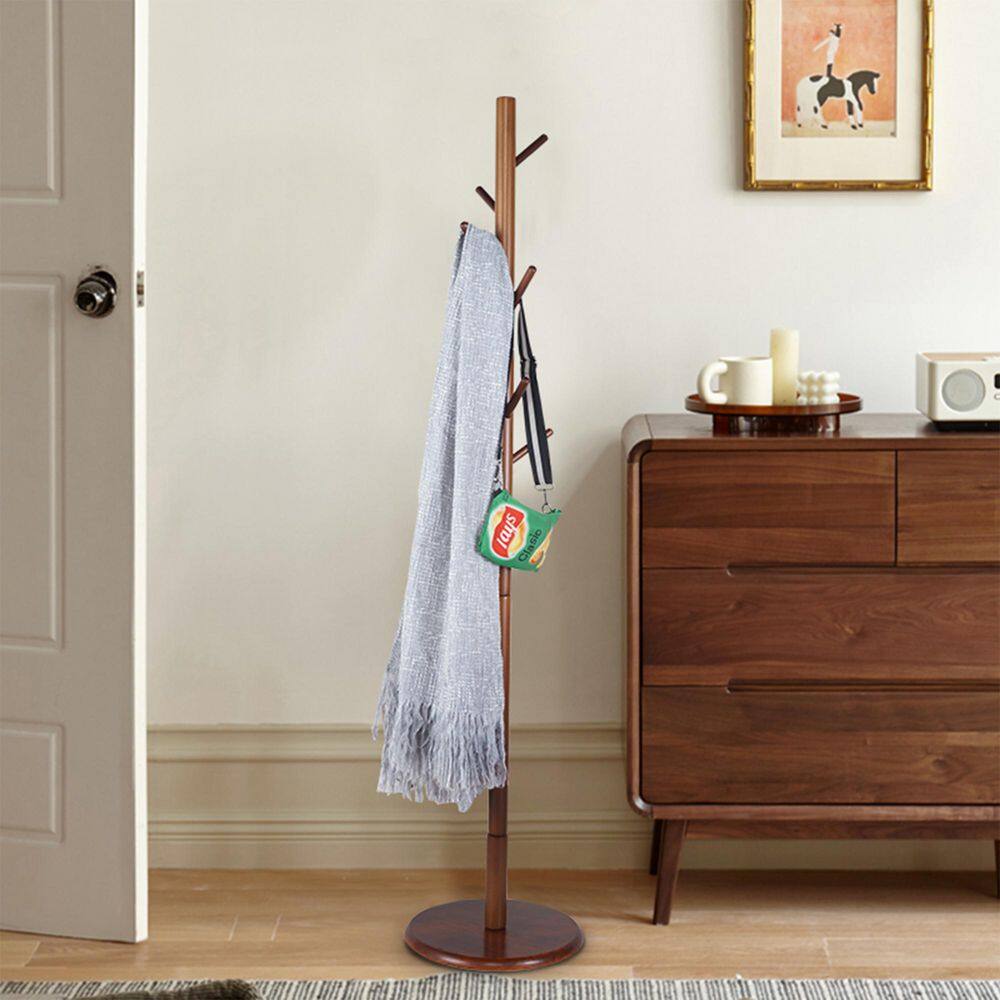 Aoibox 68.1 in. H Brown Entryway 8-Hooks Freestanding Beech Coat Rack Stand Hall Tree 3-Adjustable Height HDDB965