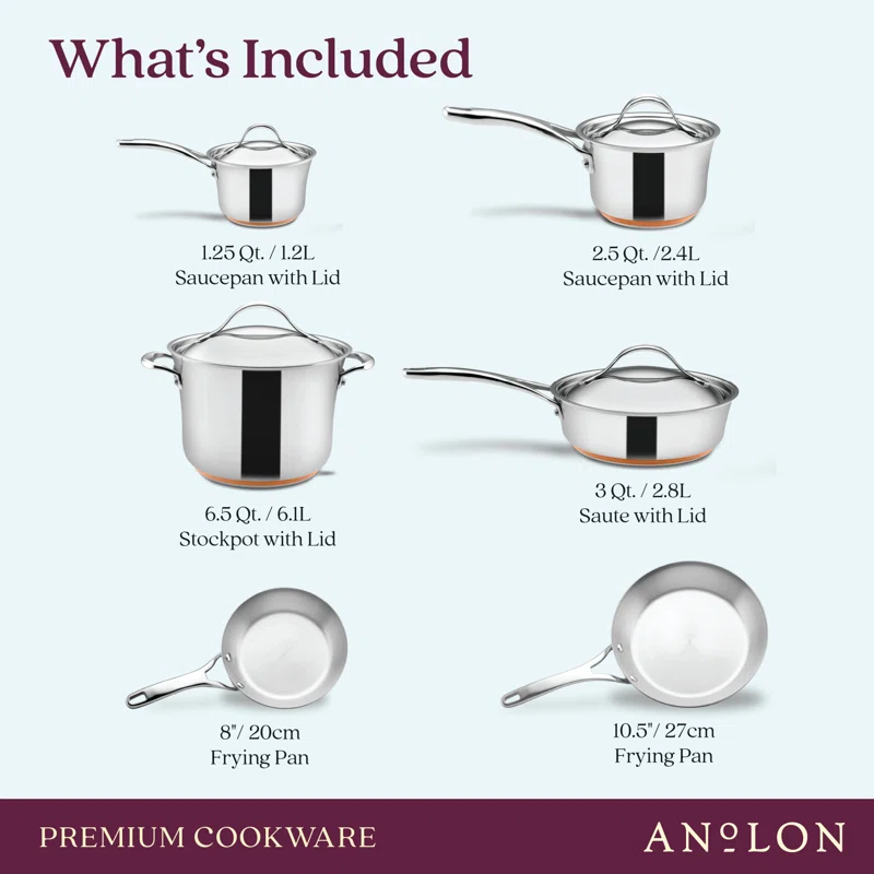 Anolon 75818 Nouvelle Stainless Steel Cookware Pots and Pans Set， 10 Piece