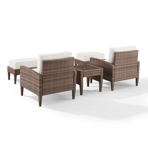 Capella 5pc Outdoor Wicker Conversation Set With Arm Chairs Ottomans amp Side Table Cream brown Crosley