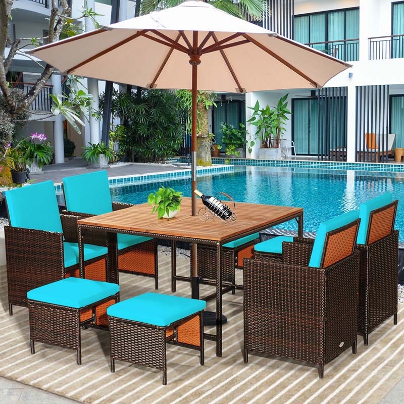 9 Pcs Rattan Wicker Outdoor Patio Dining Set with Acacia Wood Dining table, 4 Ottomans, 4 Cushioned Armchairs