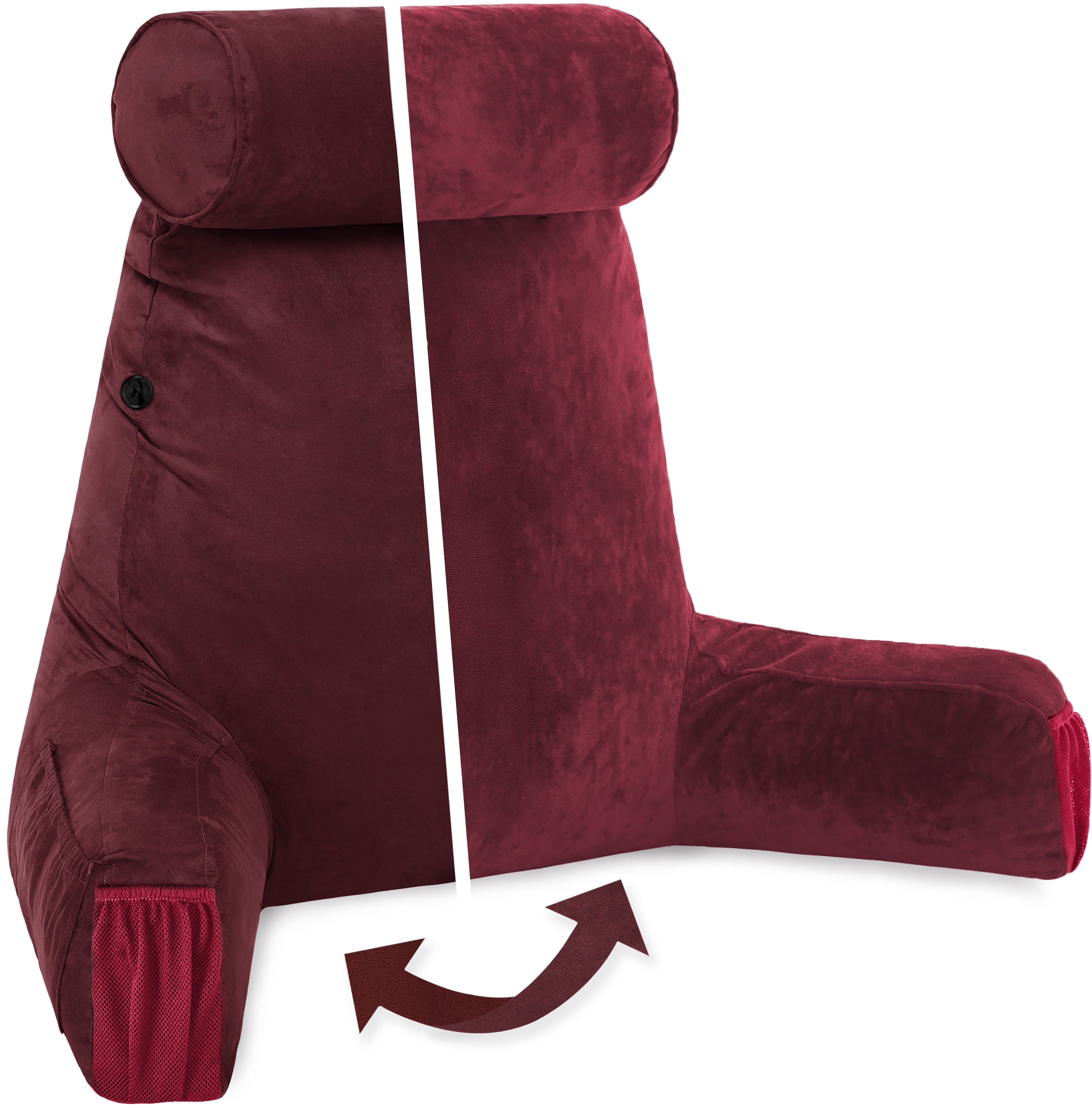 Husband Pillow Medium Aspen Edition Arizona Maroon， Sit Up Reading and Bed Rest with Arms， Ultra-Comfy， Detach Neck Roll - Premium Shredded Memory Foam Backrest， Reverses to Micro: Suede or Plush