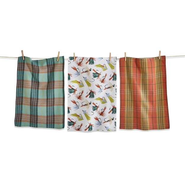 Tagltd Set Of 3 Fishing Flies Print With Green Plaids Cotton Kitchen Dishtowels 26l X 18w In