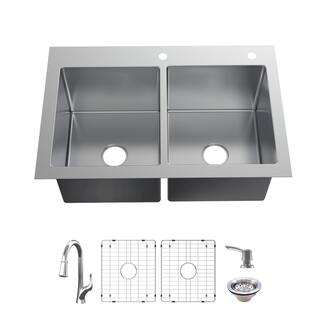 Glacier Bay AIO Dolancourt 33 in. Drop-inUndermount Double Bowl 18 Gauge Stainless Steel Kitchen Sink with Pull-Down Faucet VDR3322A0PA1