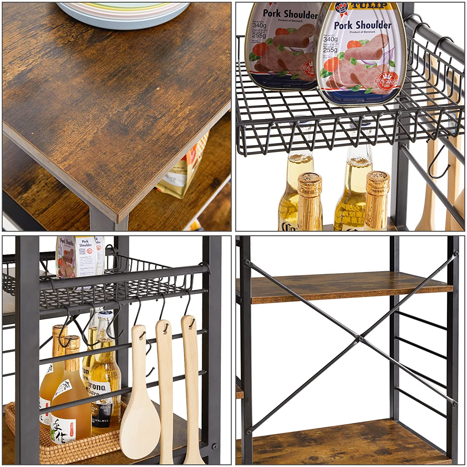 CAIHONG 4-Tier Kitchen Baker's Rack， Coffee Bar Microwave Stand Cart Kitchen Organizer Shelf with Wire Basket and 6 Hooks Utility Storage Shelf Rack ， Rustic Brown， 35.4*33.1*15.75