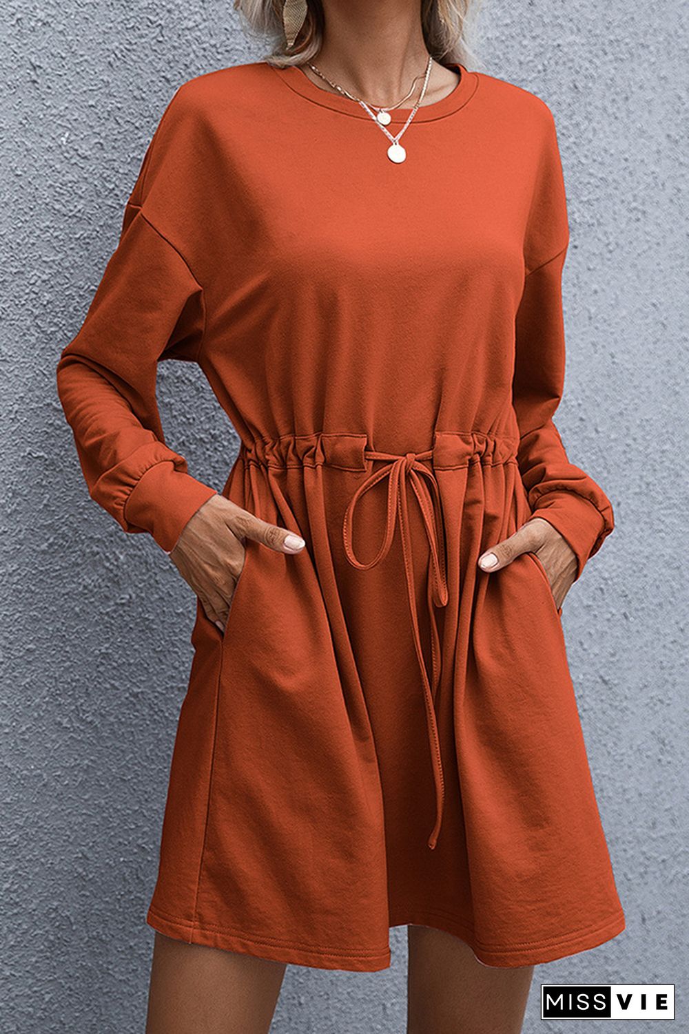 Solid Drawstring Long Sleeve Dress Women Wholesale