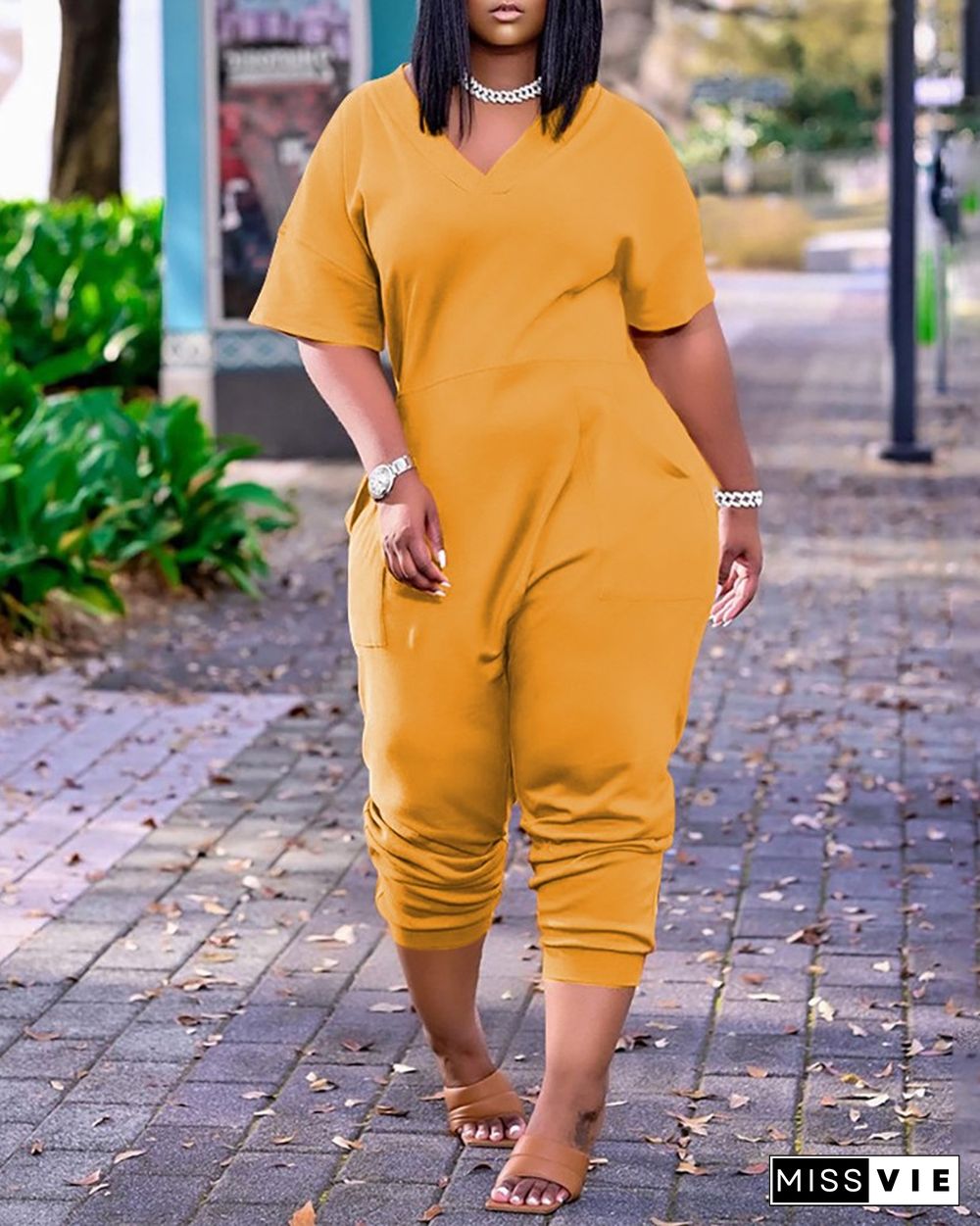 Pocket Design Plain Short Sleeve Jumpsuit