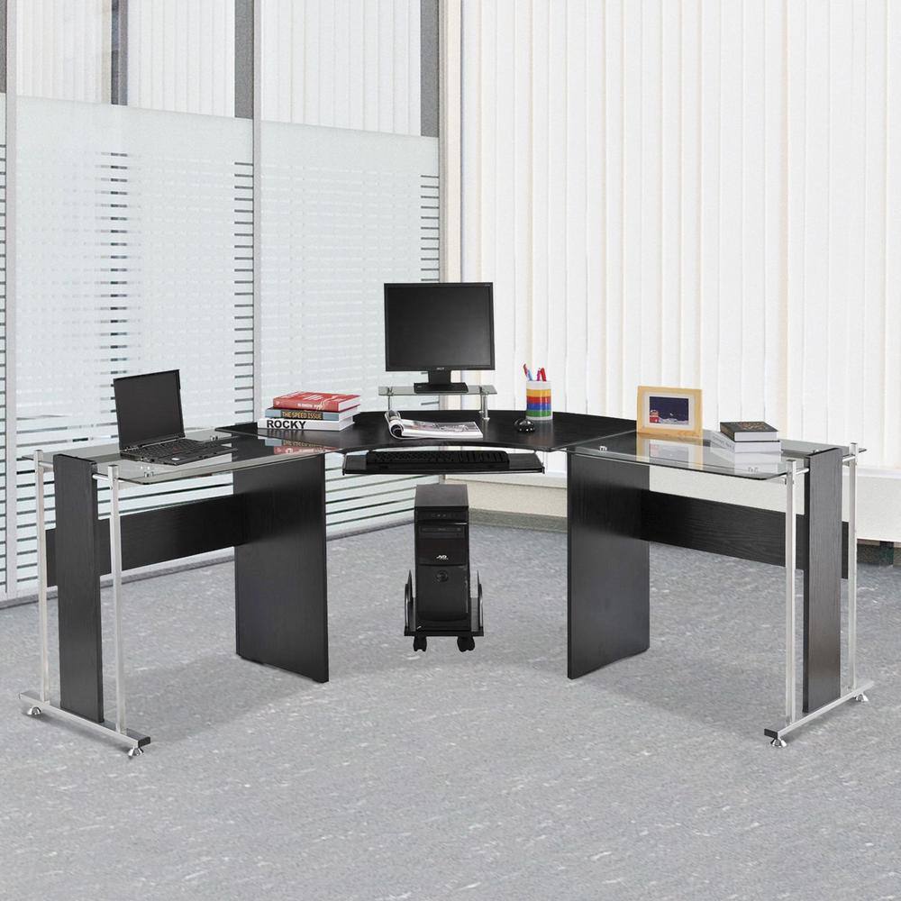 HOMCOM 68.9 in. Black Wooden L-Shaped Computer Desk with Slide-Out Keyword Tray 920-059