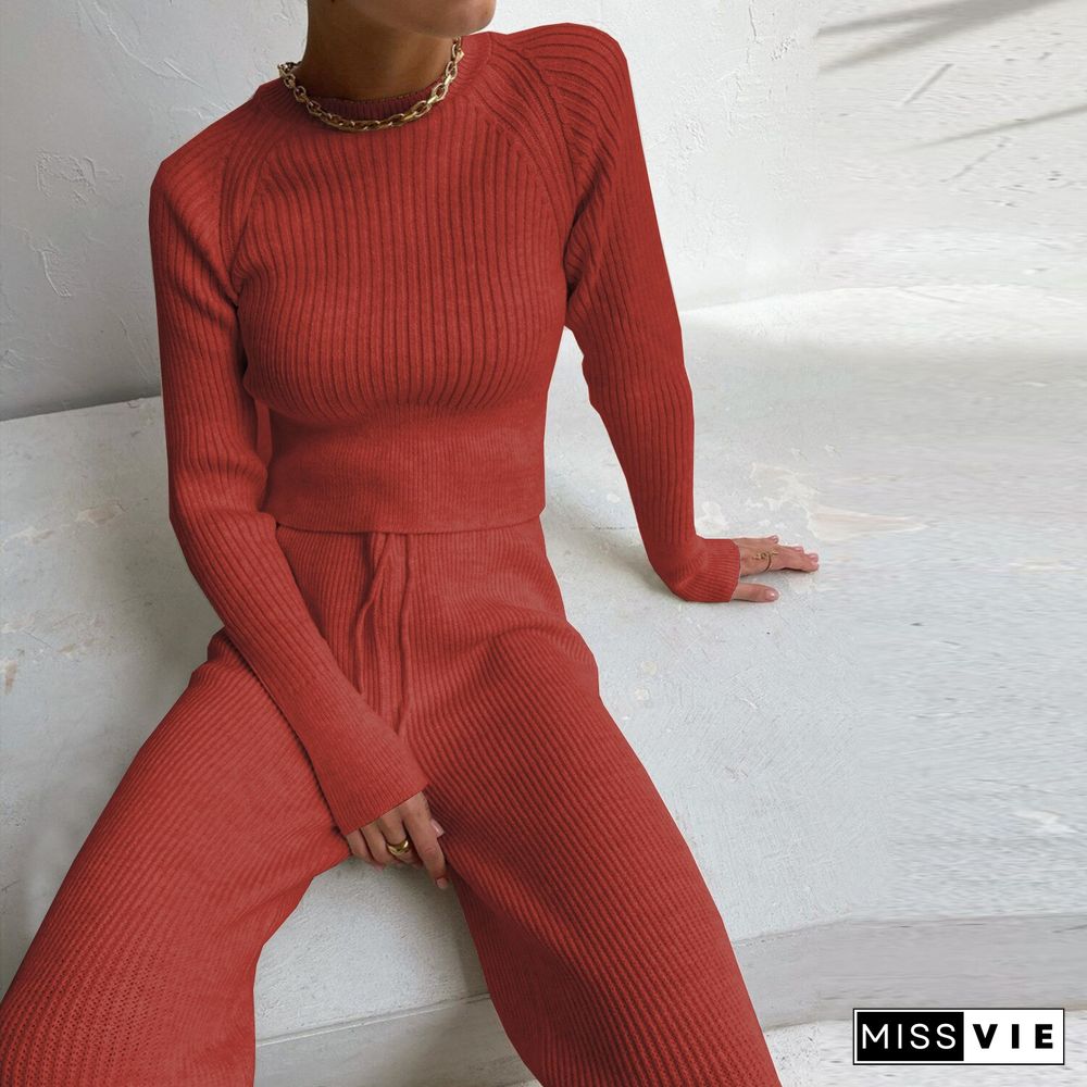 Women 2 Piece Sets Womens Outfits Women's Wide Legged Pants Long Sleeve Clear Color Warm Sweater Set Women Two Piece Set