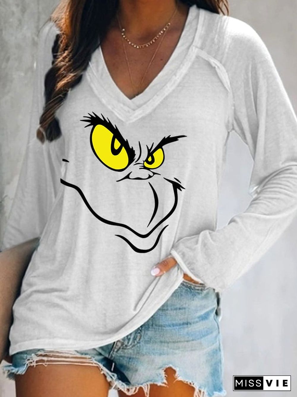 Women's Christmas Cartoon Character Casual V-Neck Long-Sleeve T-Shirt