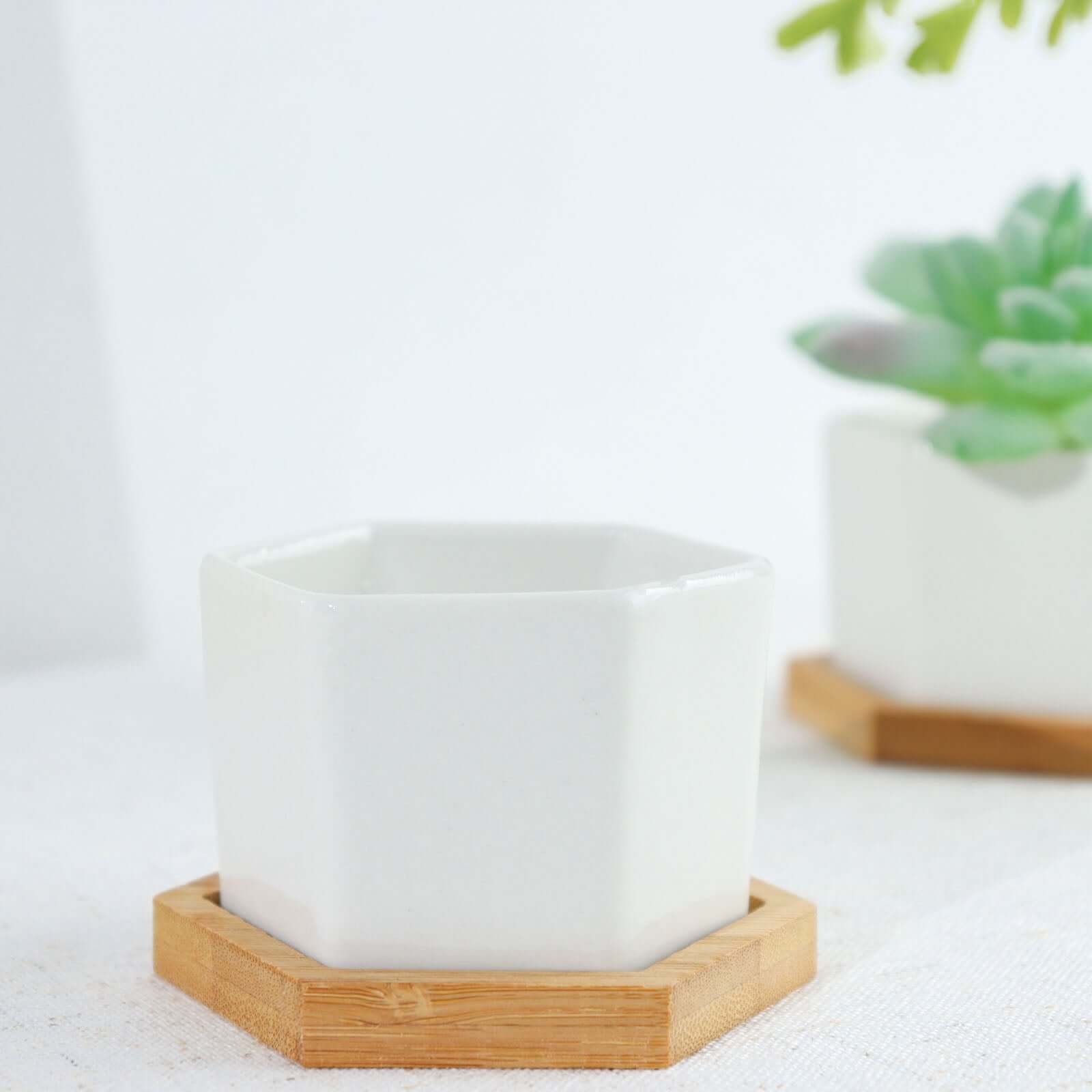 6 Pack White Geometric Hexagon Ceramic Planter Pots, Bamboo Tray Base w/ Drainage Hole, Cactus and Succulent Planters With Removable Bottom 3