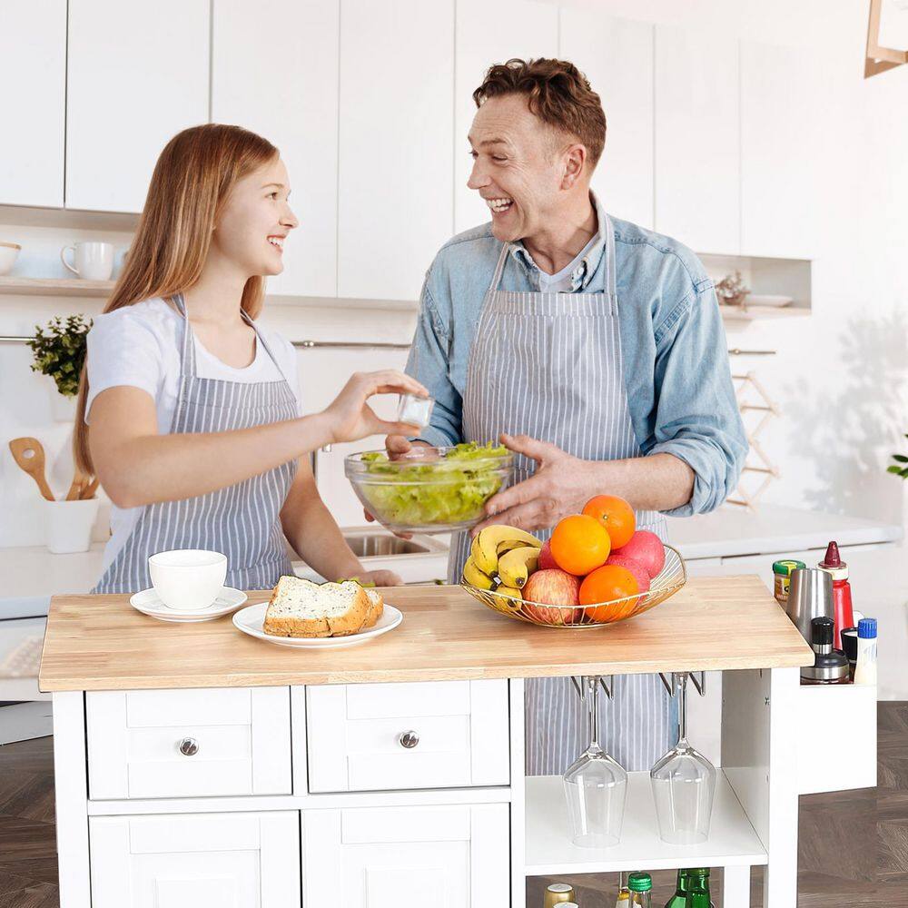 White Kitchen Island on Wheels Kitchen Cart with Cabinet 3-Layer Shelves Wood Countertop Mobile Storage Islands 1009-ISLAND-WHI