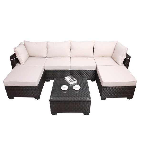 7Piece Rattan Sectional Sofa Set with Cushions and Table