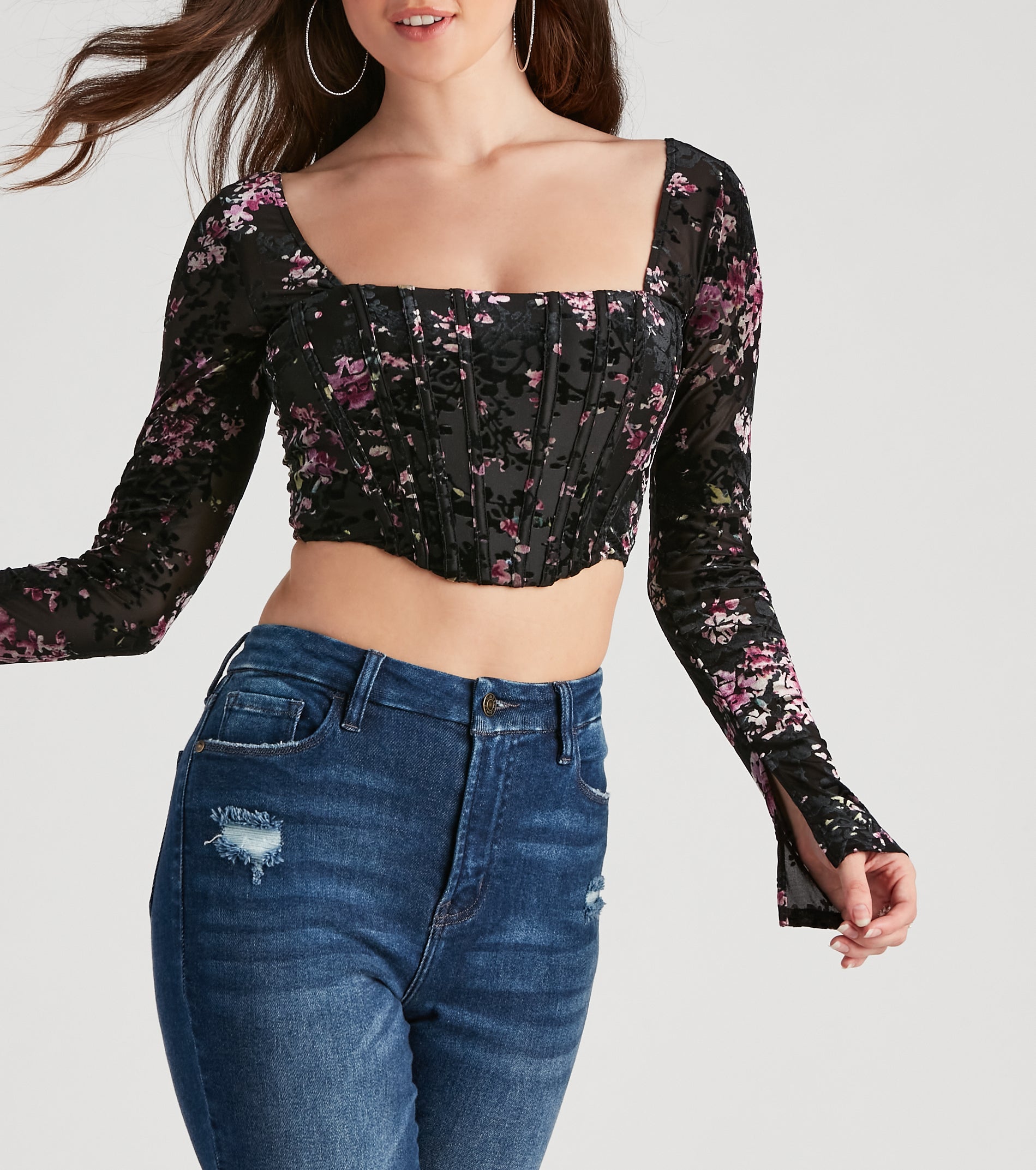 Trendy Florals Flocked Velvet Corset Top