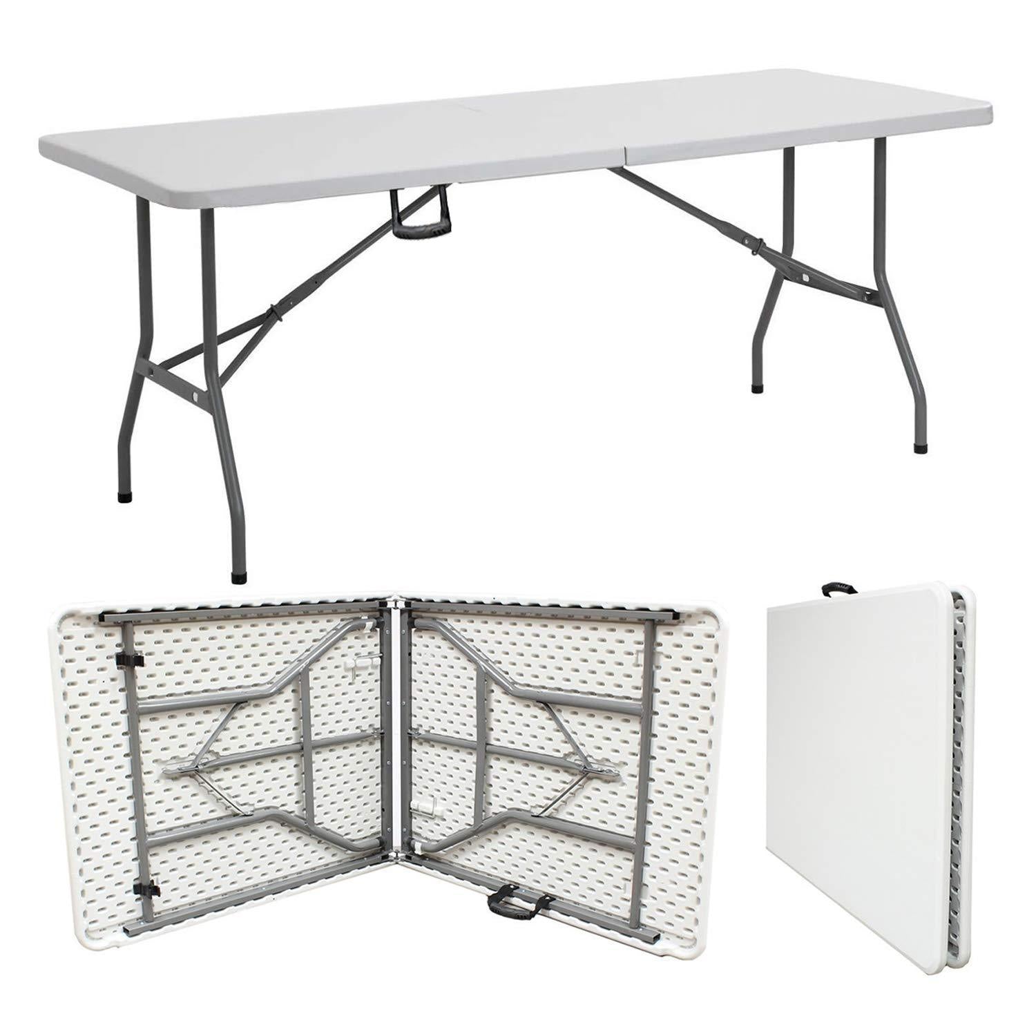 CozyBox 6ft Plastic Folding Table Centerfold Picnic Table， Bi-Fold White Plastic Table for Tailgating Camping and Outdoor (4ft，6ft，8ft)