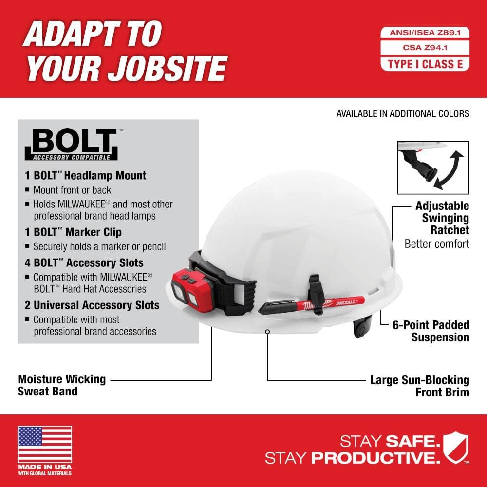 MW Red Front Brim Hard Hat with 6pt Ratcheting Suspension Type 1 Class E 48-73-1128 from MW