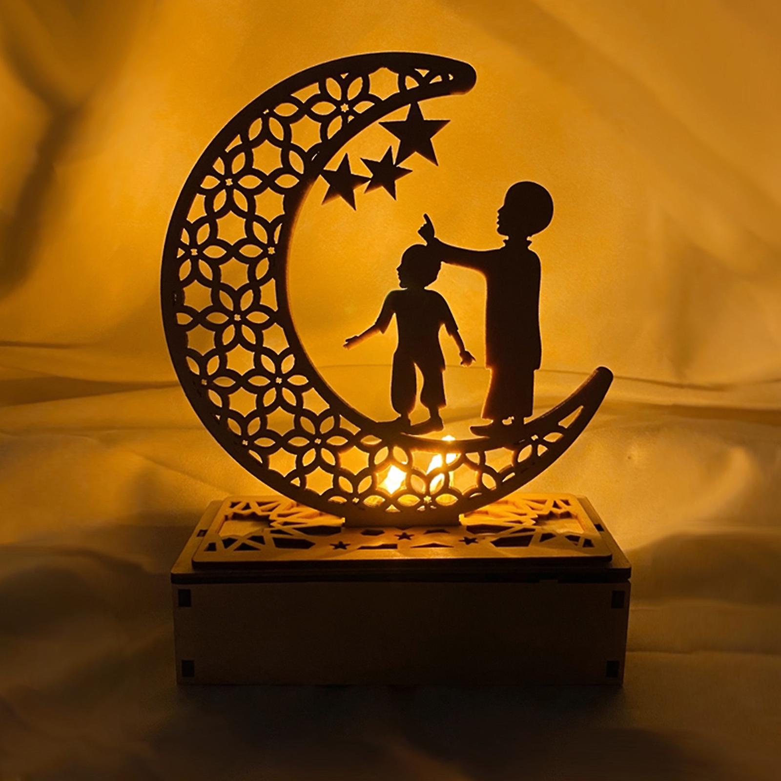 Eid Ramadan Night Lights Wooden Moon Light Ramadan Eid Mubarak Desk Lamp Crescent Party Led Fairy Lights Muslim Style Led Decorative Lights For Table