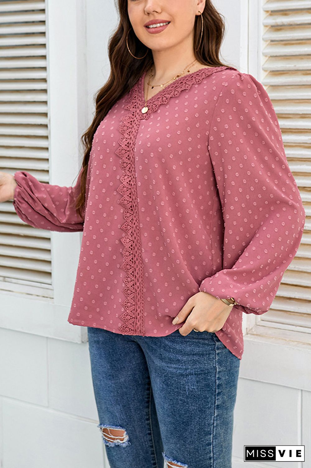 Plus Size Swiss Dot Crochet Puff Sleeve Blouse