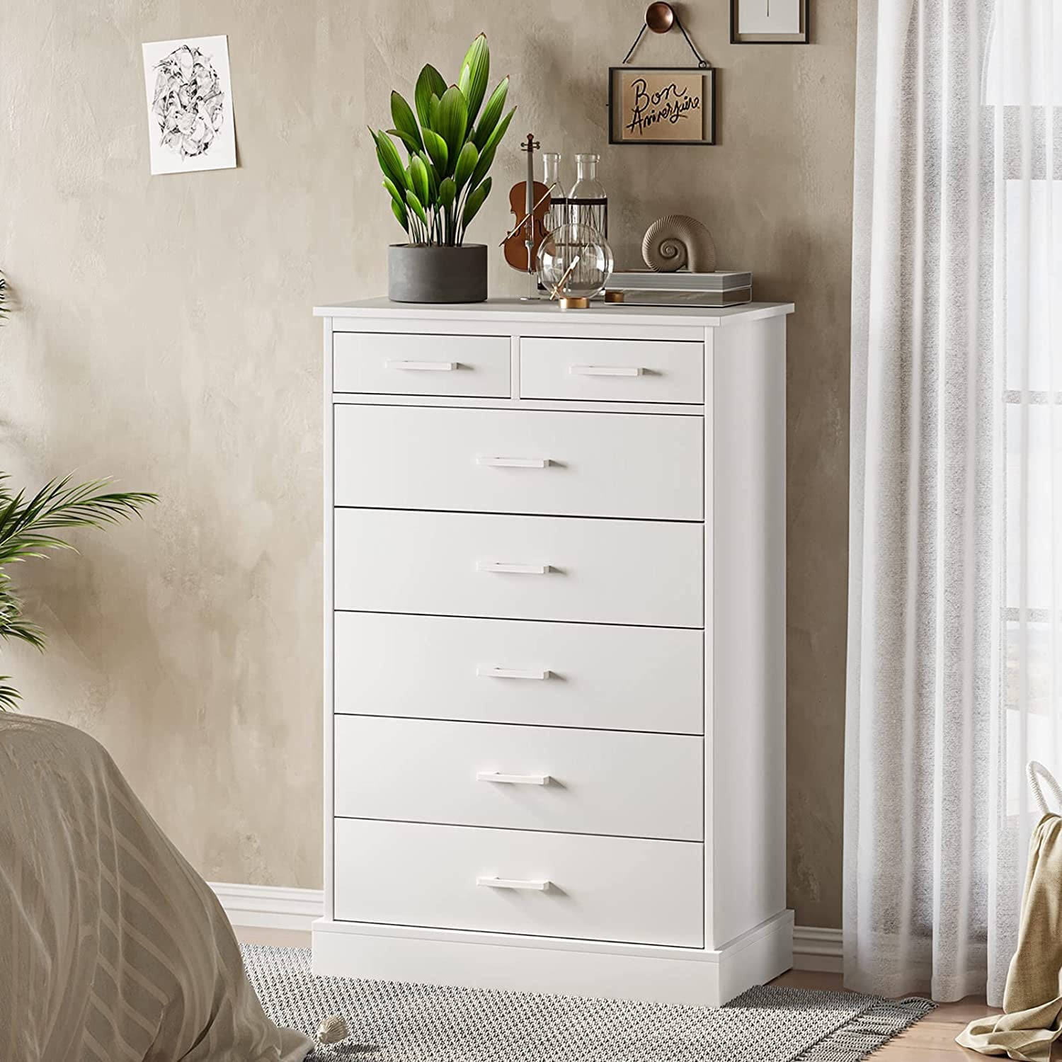 EPHEX 7 Drawer Dresser for Bedroom, Tall Dresser with Metal Handle, Wood Storage Tower Clothes Organizer, White