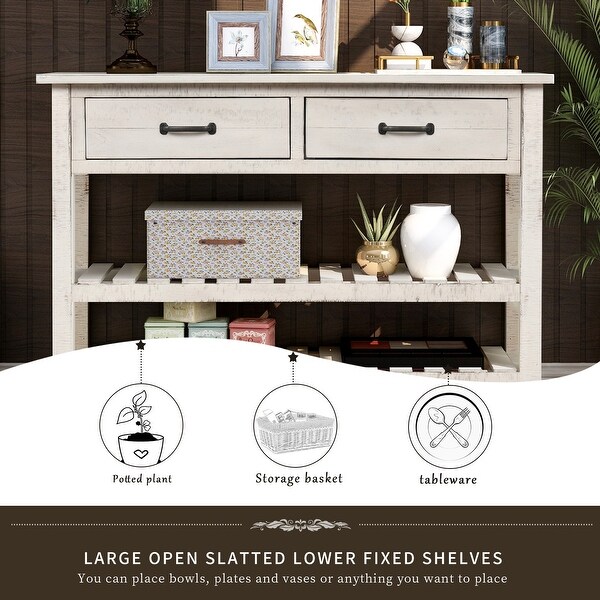 Retro Console Table Sideboard Cabinet for Entryway with 2 Drawers and 2 Slatted Bottom Shelves， Antique White