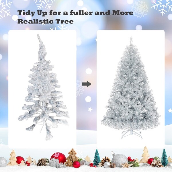 Gymax 6 FT Silver Tinsel Christmas Tree Artificial Hinged Tree Holiday