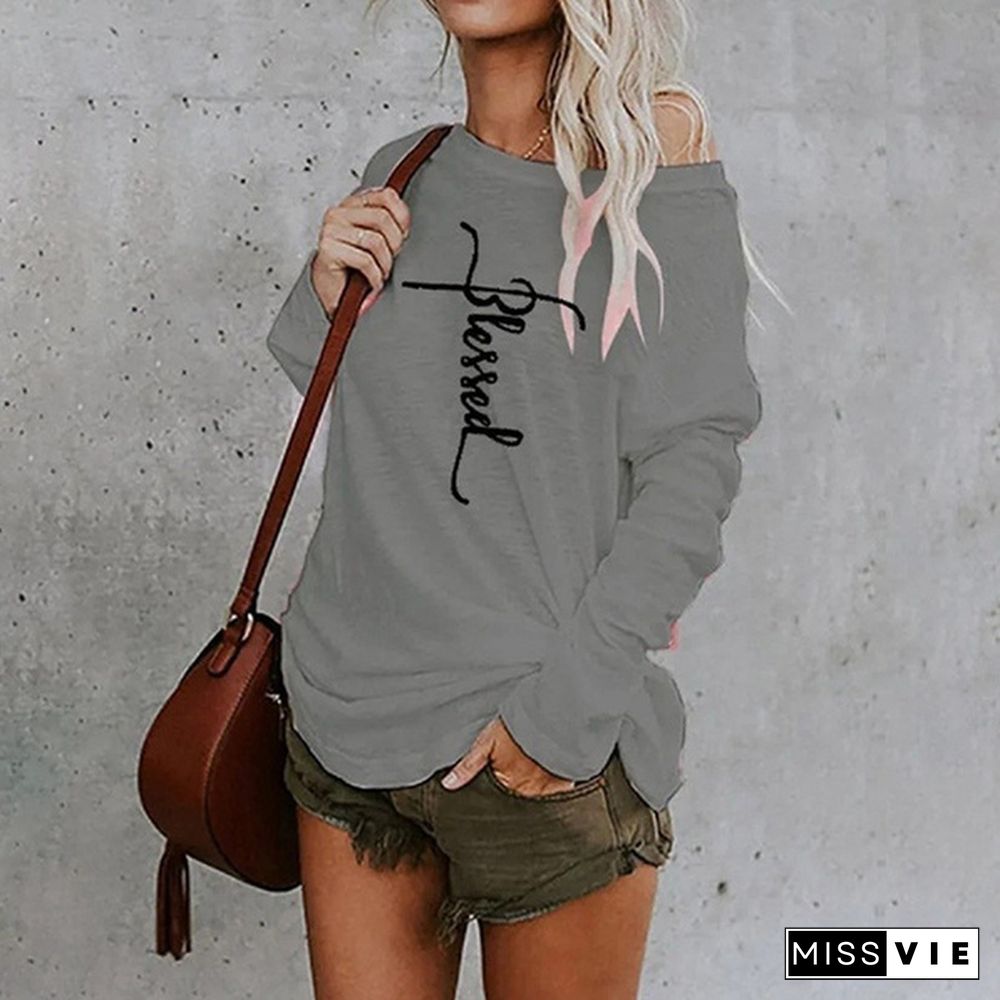 New Autumn And Winter Fashion Women Blessed Letter Printed Long Sleeve Sweatshirt Round Collar Loose Blouses Pullover Tops Jumpers