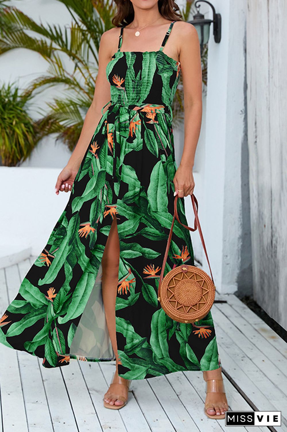 Tropical Print Smocked Top Spagetti Strap Maxi Dress